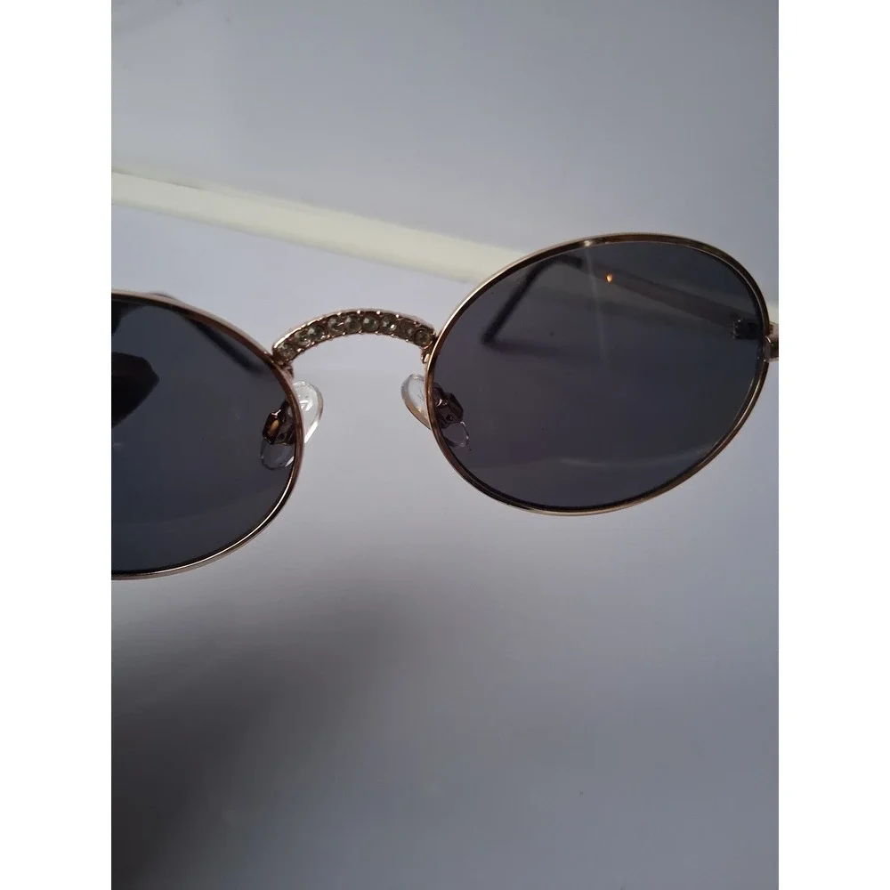 Foster Grant Rose Gold Oval Sunglasses Rhinestone Bridge NS0323 Dark Tint Lenses